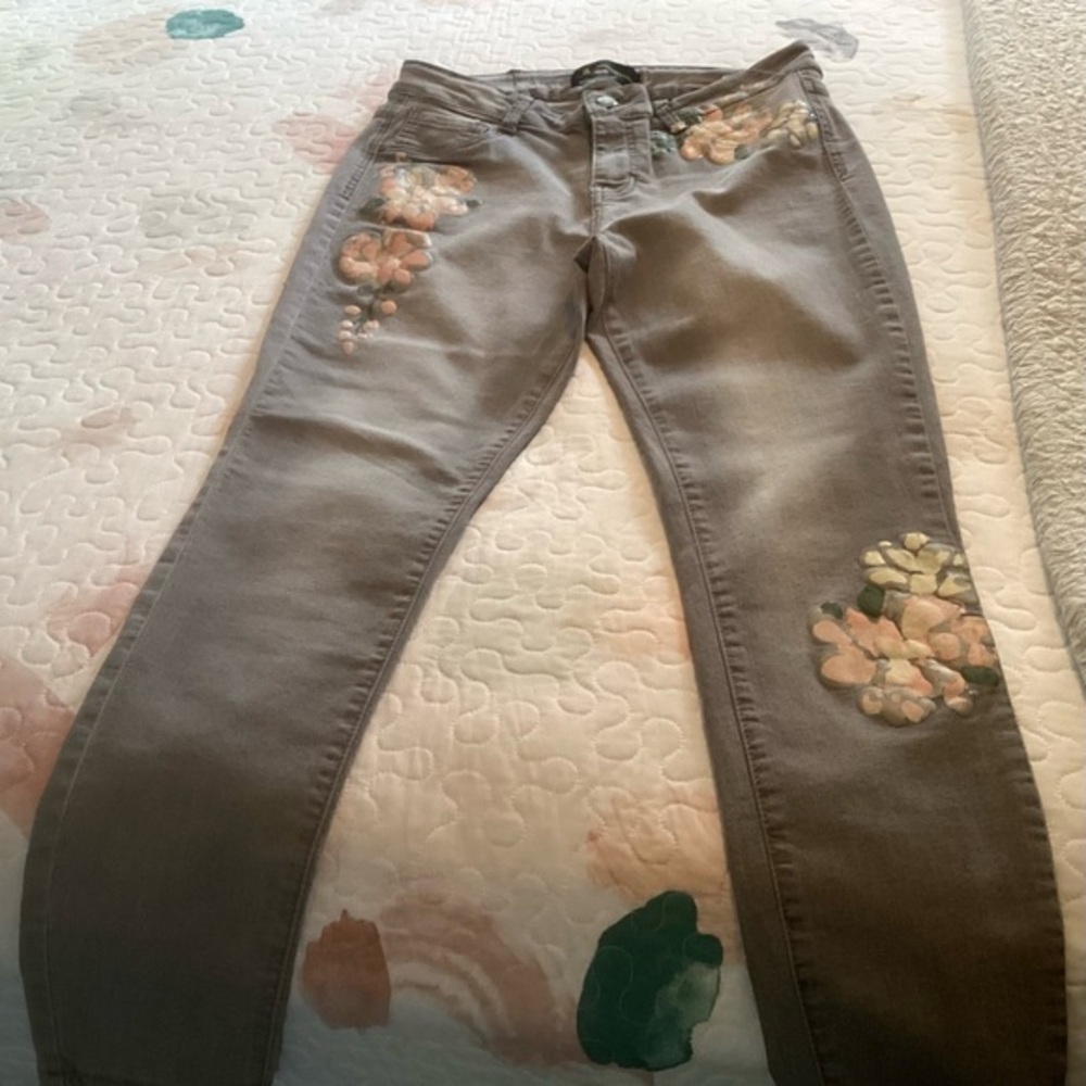 Gray Jeans with Pink Floral Design